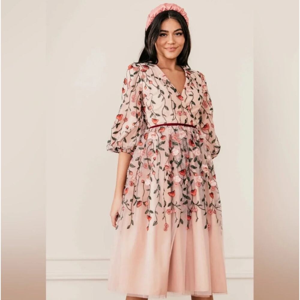 JessaKae Holly Dress XL Rose Pink Floral Embroidered Tulle Midi Faux Wrap‎ NWT